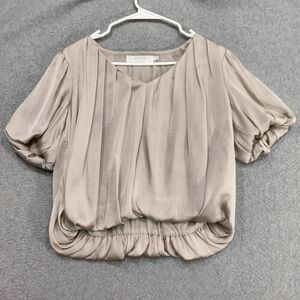 ASTR Blouse Wmns Small Champagne Blouson Bubble Hem Pleated Short Sleeve Lined